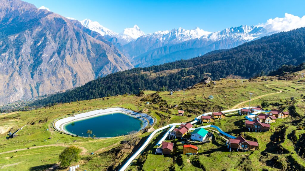 Aerial view of Auli, a Himalayan ski resort and hill station Uttarakhand, India